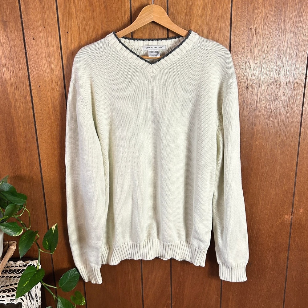 Vintage Knightsbridge Mens V-Neck‎ Sweater Cream White 100% Cotton Ribbed XL